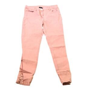 Jules & Leopold women's cropped skinny jeans lace-up detail at the hem. pink